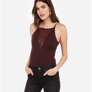 Express XL High Neck Mesh Cami Thong Bodysuit Tank Maroon New
